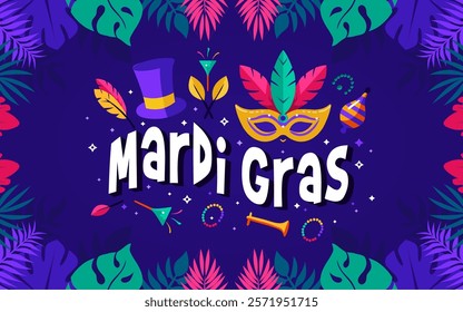 Mardi gras carnival background with blue and colorful decorative and tropical foliage flat elements