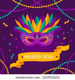 Mardi Gras carnival background. Colorful mask with feathers