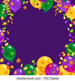 Mardi Gras carnival background with colorfull yellow, green and purple flying balloons, confetti, serpentine frame with place for text. Isolated vector illustration.