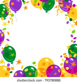 Mardi Gras carnival background with colorfull yellow, green and purple flying balloons, confetti, serpentine frame with place for text. Isolated on white vector illustration.