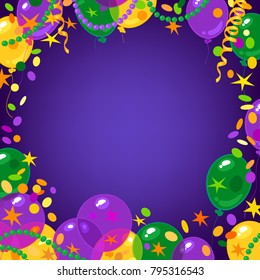 Mardi Gras carnival background with colorfull yellow, green and purple flying balloons, confetti, serpentine frame with place for text. Isolated vector illustration.