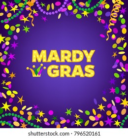 Mardi Gras carnival background with colorfull confetti, serpentine, beads frame. Text with Jester's hat. Vector illustration  Isolated on purple.