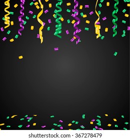 Mardi Gras carnival background with confetti and streamers in traditional colors: purple, green and yellow, vector illustration