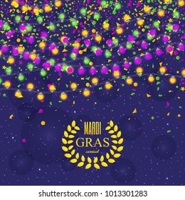 Mardi Gras carnival  background with light lamps garlands. Stock vector illustration.