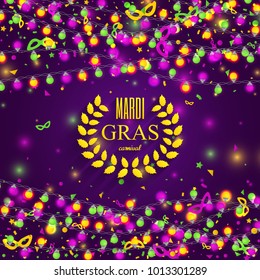 Mardi Gras carnival  background with light lamps garlands. Stock vector illustration.