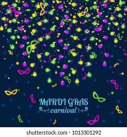 Mardi Gras carnival  background with light lamps garlands. Stock vector illustration.