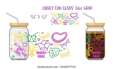 Mardi Gras carnival background, linear style. Printable Full wrap for libby glass can.