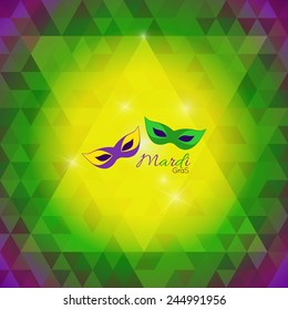 Mardi Gras Carnival Background, Masks In Purple, Green And Yellow Geometric Pattern In Diamond, Triangles. Carnival Party - Vector.