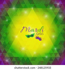 Mardi Gras carnival background, masks in purple, green and yellow geometric pattern in diamond, triangles. Carnival Party. Vector.