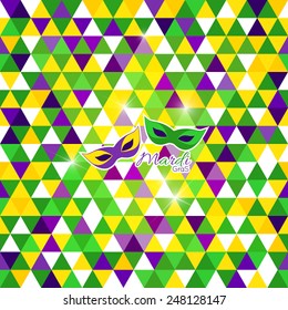 Mardi Gras carnival background, masks in purple, green and yellow geometric pattern in triangles. Carnival Party. Vector. Seamless pattern.