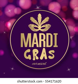 Mardi Gras carnival background with masquerade mask silhouette in purple and gold color