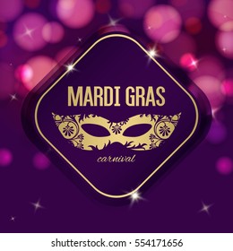 Mardi Gras Carnival Background With Masquerade Mask Silhouette In Purple And Gold Color