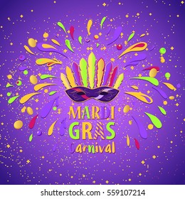 Mardi Gras carnival background with masquerade mask with feathers, beads, spatter. Holiday poster or placard template.