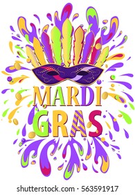 Mardi Gras carnival background with masquerade mask with feathers, beads, spatter. Holiday poster or placard template.