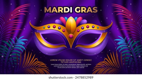 Mardi Gras Karneval Hintergrund mit stilvoller Karnevalsmaske und dunkelviolettem Hintergrund