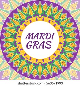Mardi Gras carnival background vector. Illustration with ornament yellow, green and purple round pattern for cards, party invitation, banner, poster or flyer.