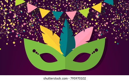 Mardi Gras carnival background, vector illustration. Flat colorful mask, confetti on purple traditional background. Party invitation design card concept.