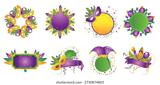 Mardi Gras carnival badges and frames vector set