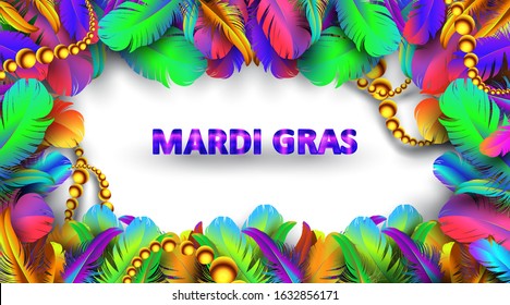 Mardi gras carnival banner with bird feathers and necklace poster isolated on white background. Use for greeting card, web, flyer, ad, ads. - Vector