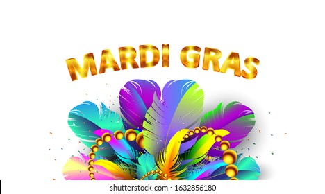 Mardi gras carnival banner with bird feathers and necklace poster isolated on white background. Use for greeting card, web, flyer, ad, ads. - Vector