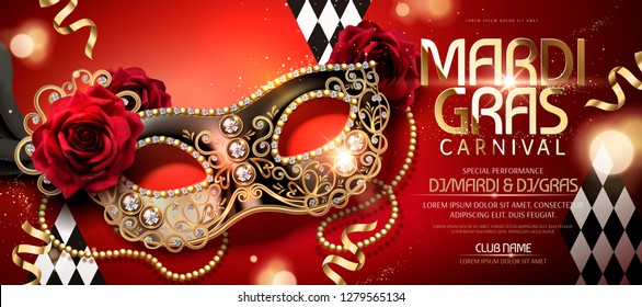 Mardi gras carnival banner design with half mask in 3d illustration on red background