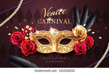 Mardi gras carnival banner with mask and rose flower, feather, beads or chaplet. Masquerade costume part on venice festival banner. Colombina mask with lace. Venetian festive flyer, party poster