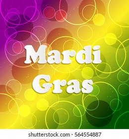 Mardi Gras carnival, beauty confetti background. Blurry lights in rainbow colors. EPS10. Colorful vector bokeh backdrop. Bright purple, green and yellow circles. Festival New Orleans. Fat Tuesday