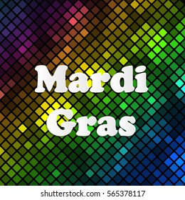  Mardi Gras carnival. Bright colorful lights. Festival New Orleans "Fat Tuesday". Dark background with colored sparkles. Congratulation to the holiday Shrove Tuesday. Bright disco mosaic
