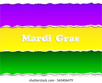 Mardi Gras carnival. Bright colorful torn paper strips colored in tricolors. Purple, yellow and green. Festival New Orleans "Fat Tuesday". Congratulation to Shrove Tuesday. 