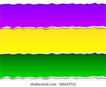 
Mardi Gras carnival. Bright colorful torn paper strips colored in tricolors flag. Purple, yellow and green. Festival New Orleans "Fat Tuesday". Congratulation to Shrove Tuesday. 