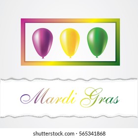 Mardi Gras carnival. Bright purple, green and yellow balloons in frame. Festival New Orleans "Fat Tuesday". Set with beautiful transparent aerostat. Congratulation to the holiday Shrove Tuesday