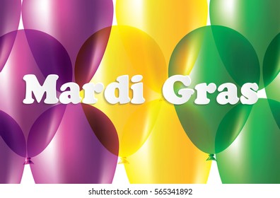 Mardi Gras carnival. Bright purple, green and yellow balloons. Festival New Orleans "Fat Tuesday". Set with beautiful transparent aerostat. Congratulation to the holiday Shrove Tuesday