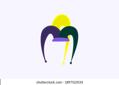 mardi gras carnival cartoon funny jester cap with yellow blue green . Fat tuesday, carnival, festival. Vector isolated on white background. For greeting card, banner, gift packaging, poster 
