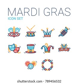 Mardi gras carnival celebration icon set illustration. Parade vector EPS icons isolated on white background. 