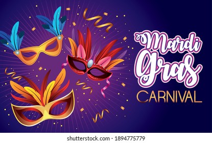 mardi gras carnival celebration lettering with masks and feathers vector illustration design