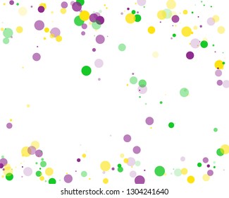 Mardi Gras carnival circles confetti vector background. Vector backdrop for greeting cards, festive invitations, posters, prints, banners. Mardi Gras confetti in green, yellow gold and purple violet.