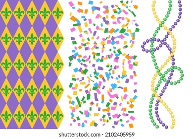 Mardi Gras carnival clip art design elements, beads, pattern with rhombuses and fleur de lis. Simple flat vector illustration