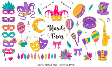 Clásico del carnaval de Mardi Gras. Colección de diseño de festival brasileño. Máscaras con plumas, bromista, fleur de lis, tambor, decoraciones de fiestas, comedia y tragedia. Ilustraciones aisladas de vectores en estilo plano