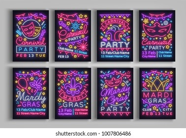 Mardi Gras, Carnival collection of posters design a template in a neon style. Set neon signs, brochure, invitation to a party card, bright advertising fat Tuesday. Flyer, banner. Vector illustration