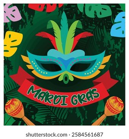 Mardi gras carnival with colorful decorative  elements. carnival mask with colorful feathers and festive decorative elements.  Flat vector modern illustration 