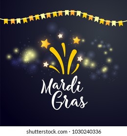 Mardi gras. Carnival Concept Banner with star and  fireworks on a  dark background.  Fat Tuesday