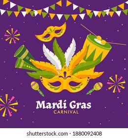 Mardi Gras Carnival Concept With Feather Mask, Maracas, Vuvuzela And Drum Instrument Decorated On Purple Background.