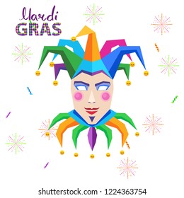 Mardi gras carnival concept with jester mask and hat decorated bells flat vector on white background. Masquerade character clothing illustration for costumed party or festival invitation, banner