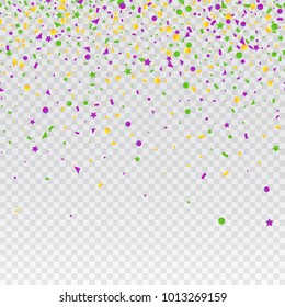 Mardi Gras carnival confetti seamless background. Traditional colors yellow, purple, green. Stock vector illustration