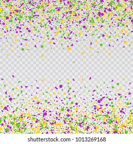 Mardi Gras carnival confetti seamless background. Traditional colors yellow, purple, green. Stock vector illustration