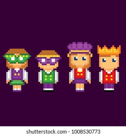 Mardi gras carnival costume icons set. Pixel art. Old school computer graphic style. Games elements.