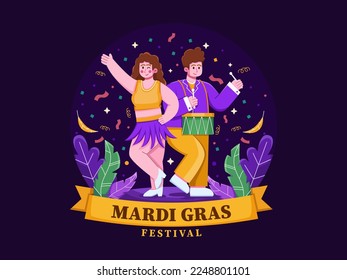 Mardi Gras Carnival With Dancer and Drummer performing on the festival.
Mardi Gras festival illustration cartoon.
Couple on carnival.
Can be used for greeting card, postcard, web, landing page, etc