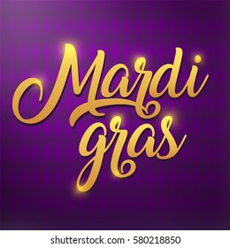 Mardi Gras carnival day hand lettering logotype, badge typography. Lettering Mardi gras day for greeting card, invitation template. Retro, vintage lettering banner on purple background