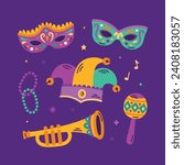 Mardi Gras carnival decorative elements. Mardi Gras decorative elements background. Vector illustration design. Mardi Gras elements for Poster, Banner, Flyer, Greeting Card, Post, Cover, Invitation.