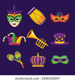 Mardi Gras carnival decorative elements. Mardi Gras decorative elements background. Vector illustration design. Mardi Gras elements for Poster, Banner, Flyer, Greeting Card, Post, Cover, Invitation.